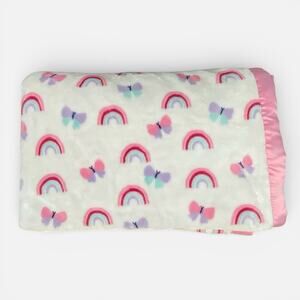 Parents Choice Pink Rainbow Butterfly Baby Blanket Minky Dot Satin Trim Security